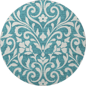 HomeRoots 8' Teal And Ivory Floral Round Rug – Washable, UV-Protected, Stain-Resistant for Easy Care & Style 669663