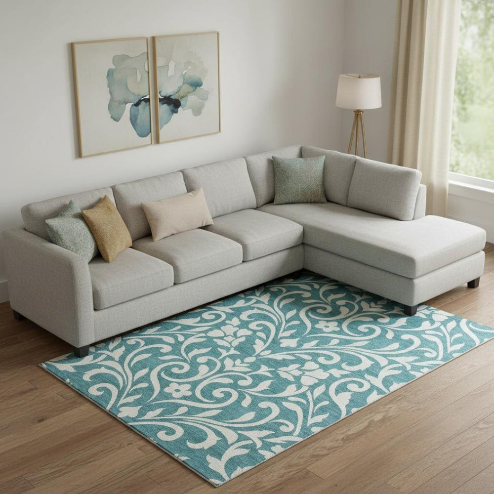 HomeRoots 8' X 10' Teal & Ivory Floral Area Rug - Washable, UV Protected, Stain Resistant for High Traffic Spaces 669664