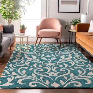 HomeRoots 10' X 14' Teal & Ivory Floral Area Rug - UV Protected, Stain Resistant, Perfect for High-Traffic Spaces 669666