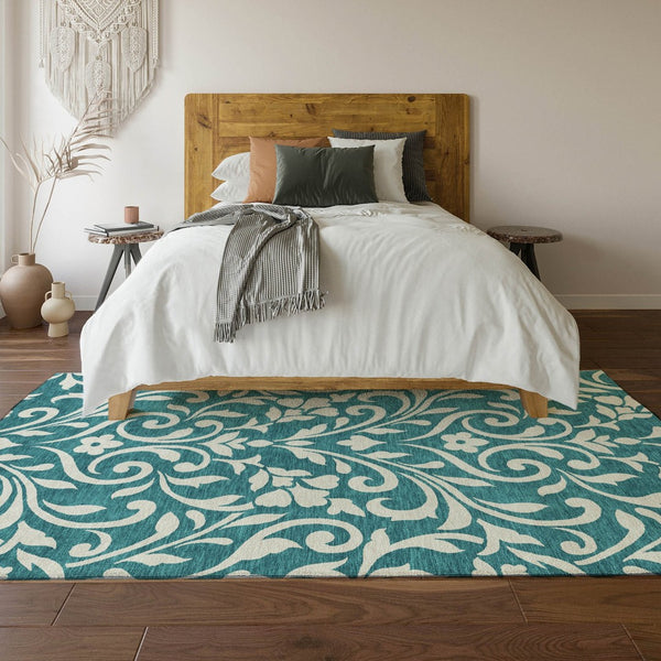 HomeRoots 10' X 14' Teal & Ivory Floral Area Rug - UV Protected, Stain Resistant, Perfect for High-Traffic Spaces 669666