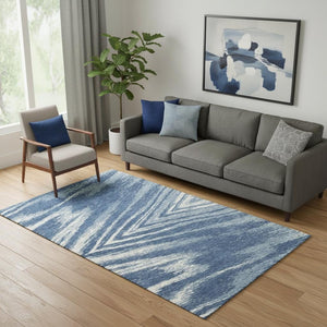 HomeRoots 5' Blue and Ivory Abstract Washable Area Rug with UV Protection - Perfect for High-Traffic Rooms! 669680