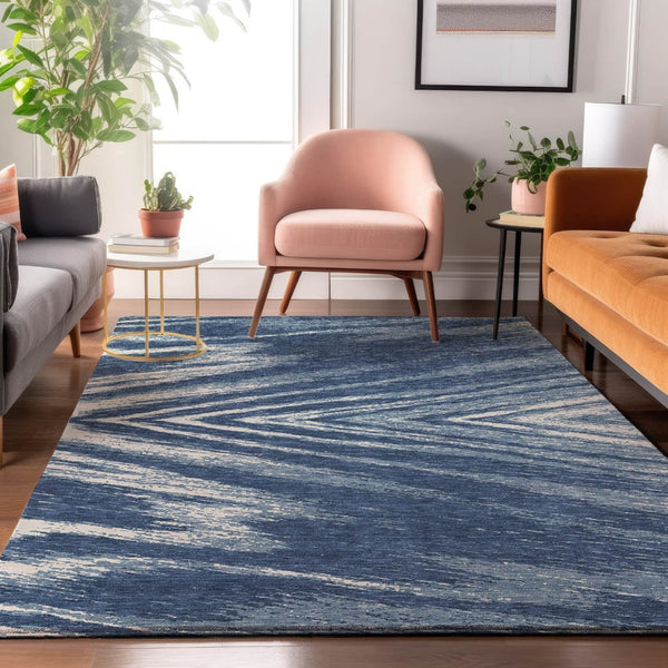 HomeRoots 5' Blue and Ivory Abstract Washable Area Rug with UV Protection - Perfect for High-Traffic Rooms! 669680