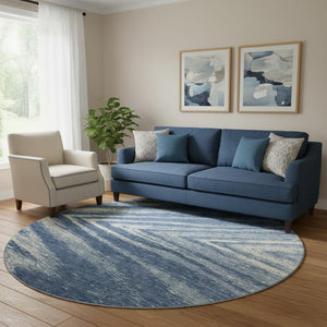 HomeRoots 8' Blue And Ivory Abstract Round Rug - Washable, UV Protected, Stylish for High-Traffic Spaces 669681