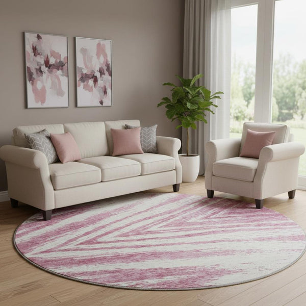 HomeRoots 8' Blush & Beige Abstract Round Rug - Washable, UV Protected, Modern Design for Any Space 669687