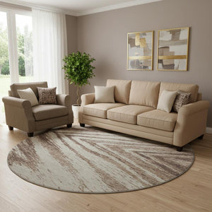 HomeRoots 8' Brown and Beige Abstract Round Rug - Washable, UV Protected, Soft Polyester for Modern Spaces 669693