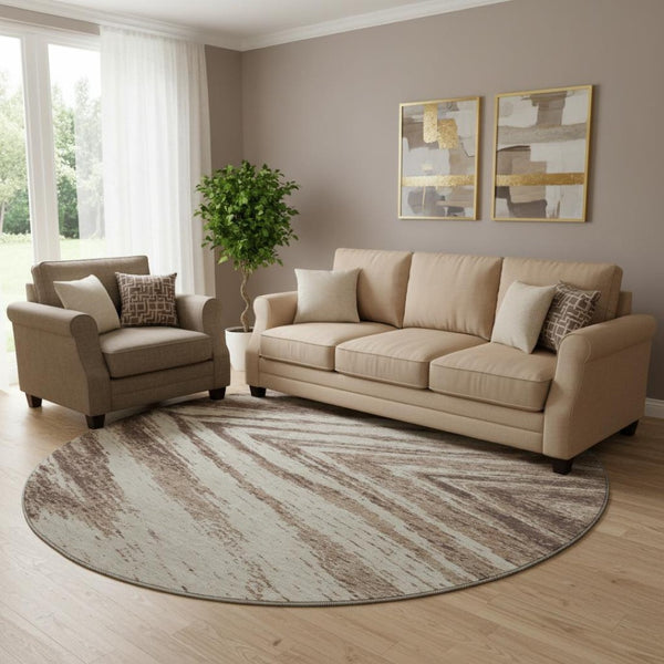 HomeRoots 8' Brown and Beige Abstract Round Rug - Washable, UV Protected, Soft Polyester for Modern Spaces 669693