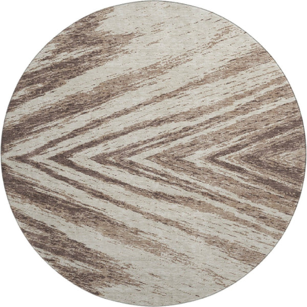 HomeRoots 8' Brown and Beige Abstract Round Rug - Washable, UV Protected, Soft Polyester for Modern Spaces 669693