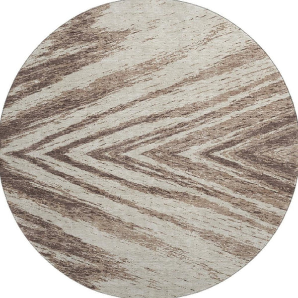 HomeRoots 8' Brown and Beige Abstract Round Rug - Washable, UV Protected, Soft Polyester for Modern Spaces 669693