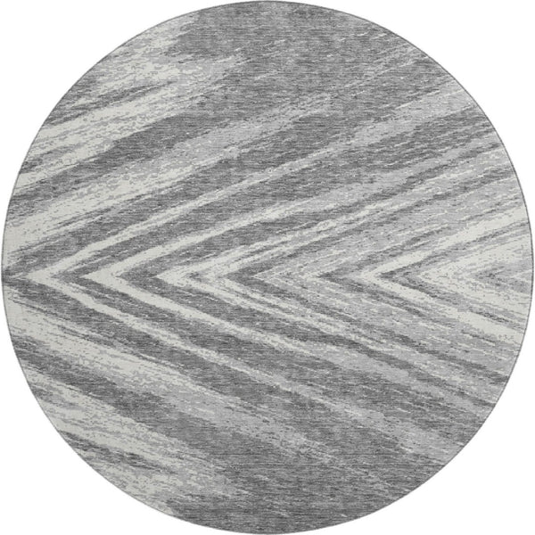 HomeRoots 8' Gray And Ivory Abstract Round Rug - Washable, UV-Protected, Stylish for High-Traffic Areas 669699