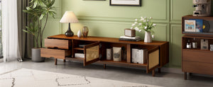 English Elm 78 Inch Rattan Media Console with Rubberwood Legs Walnut Finish Living Room Storage N710P407810P