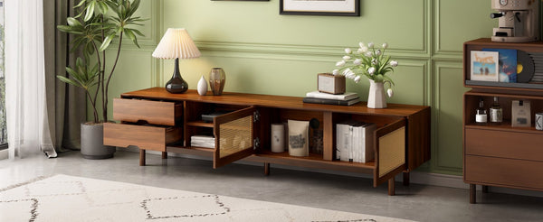 English Elm 78 Inch Rattan Media Console with Rubberwood Legs Walnut Finish Living Room Storage N710P407810P