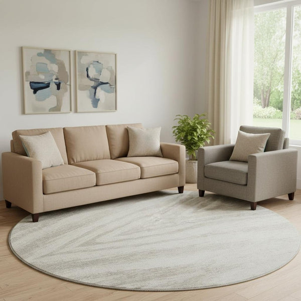 HomeRoots 8' Ivory and Beige Abstract Round Rug - UV Protected, Washable, Durable for Stylish Living Spaces 669705