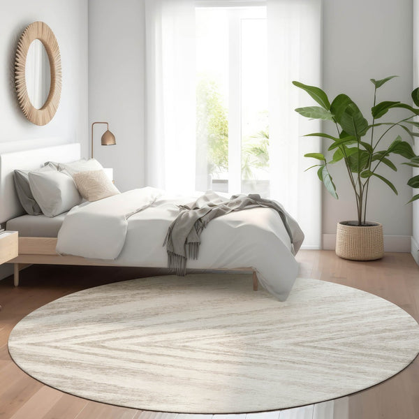 HomeRoots 8' Ivory and Beige Abstract Round Rug - UV Protected, Washable, Durable for Stylish Living Spaces 669705