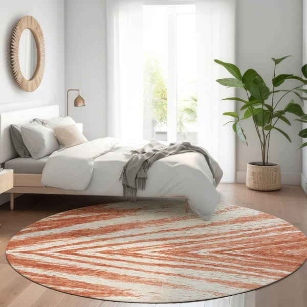 HomeRoots 8' Salmon and Beige Abstract Round Rug - Washable, UV-Protected, Durable Style for Modern Homes 669735