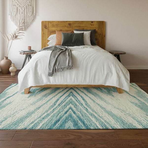 HomeRoots 5' X 8' Teal And Ivory Abstract Area Rug - Washable, UV-Protected, Durable & Stylish for Modern Homes 669740