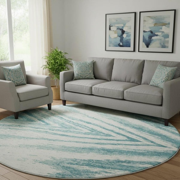 HomeRoots 8' Teal and Ivory Abstract Round Rug - Stylish, Washable, UV-Protected for Homes with Kids & Pets 669741