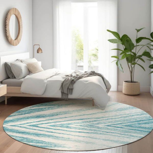 HomeRoots 8' Teal and Ivory Abstract Round Rug - Stylish, Washable, UV-Protected for Homes with Kids & Pets 669741