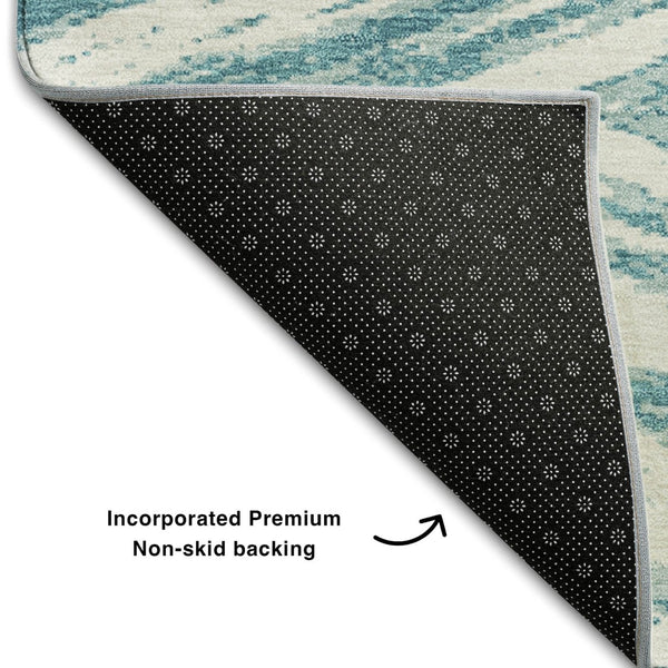 HomeRoots 8' Teal and Ivory Abstract Round Rug - Stylish, Washable, UV-Protected for Homes with Kids & Pets 669741