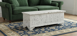 HomeRoots 52" Rustic Solid Wood Geometric Storage Ottoman with Hidden Compartment for Stylish Home Organization 669745