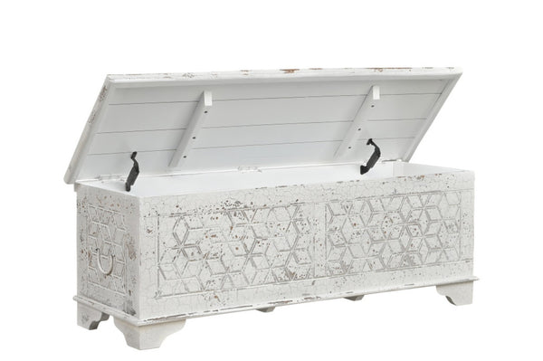 HomeRoots 52" Rustic Solid Wood Geometric Storage Ottoman with Hidden Compartment for Stylish Home Organization 669745