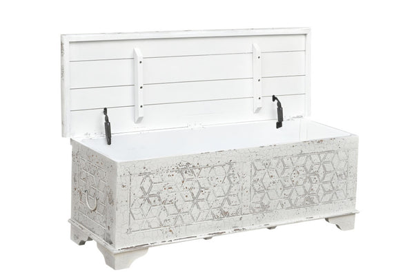 HomeRoots 52" Rustic Solid Wood Geometric Storage Ottoman with Hidden Compartment for Stylish Home Organization 669745