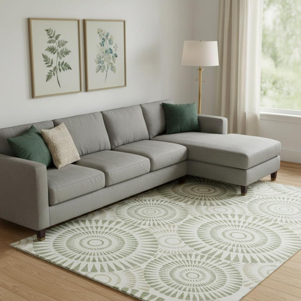 HomeRoots 8' X 10' Artichoke Green Ivory Geometric Area Rug - Washable, UV Protected, Durable for Every Room 669749