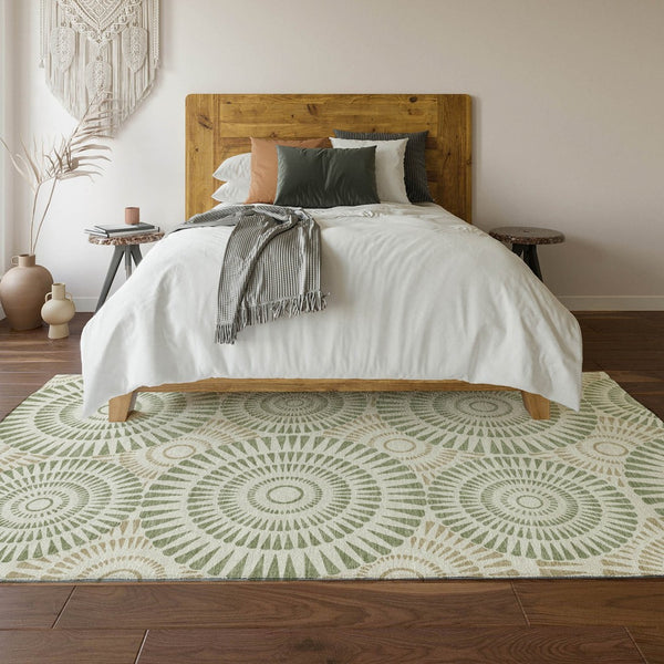 HomeRoots 8' X 10' Artichoke Green Ivory Geometric Area Rug - Washable, UV Protected, Durable for Every Room 669749
