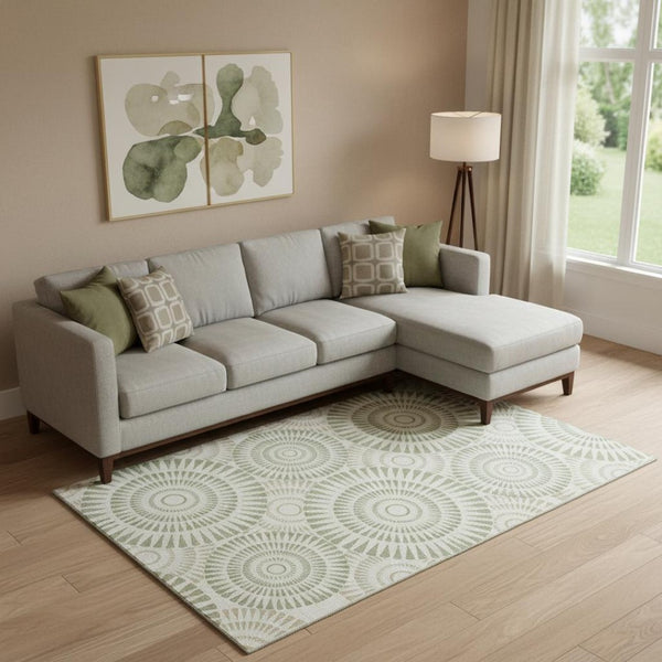 HomeRoots 9' X 12' Artichoke Green Geometric Washable Area Rug - Stylish, Durable, and UV-Protected Design 669750
