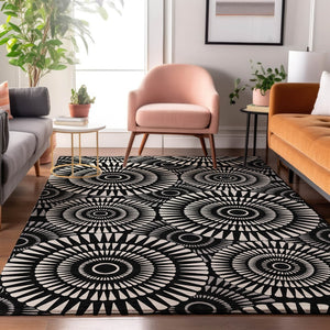 HomeRoots 10' X 14' Black And Ivory Geometric Area Rug - Washable, Durable, UV Protected for High Traffic Homes 669757