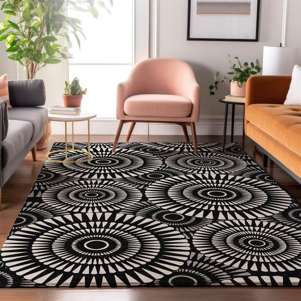 HomeRoots 10' X 14' Black And Ivory Geometric Area Rug - Washable, Durable, UV Protected for High Traffic Homes 669757