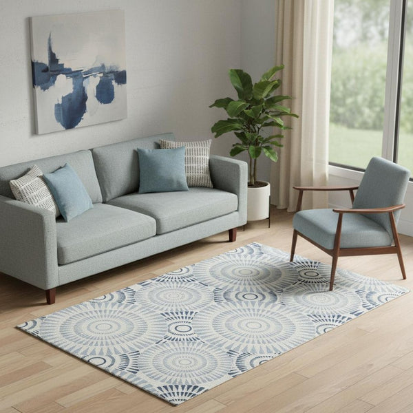 HomeRoots 5' X 8' Blue and Ivory Geometric Washable Area Rug - Stylish, Durable, UV Protected for Busy Homes 669759