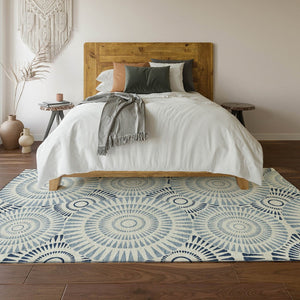 HomeRoots 5' X 8' Blue and Ivory Geometric Washable Area Rug - Stylish, Durable, UV Protected for Busy Homes 669759