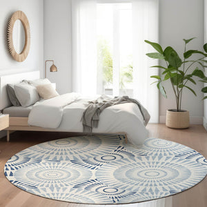 HomeRoots 8' Blue and Ivory Geometric Round Rug - Washable, UV-Protected, Perfect for Homes with Kids & Pets! 669760