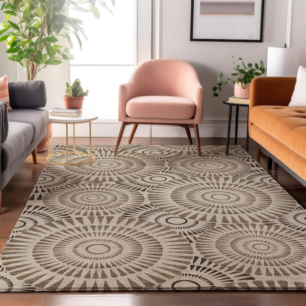 HomeRoots 5' X 8' Stylish Brown and Beige Geometric Area Rug - Washable, UV Protected, Kid & Pet Friendly! 669765