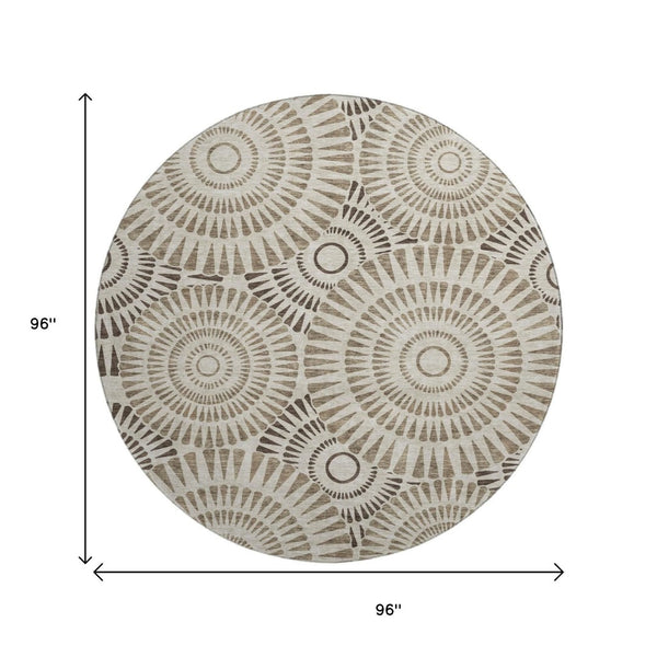 HomeRoots 8' Brown and Beige Geometric Washable Round Rug - Durable, UV-Protected, and Perfect for Any Space! 669766