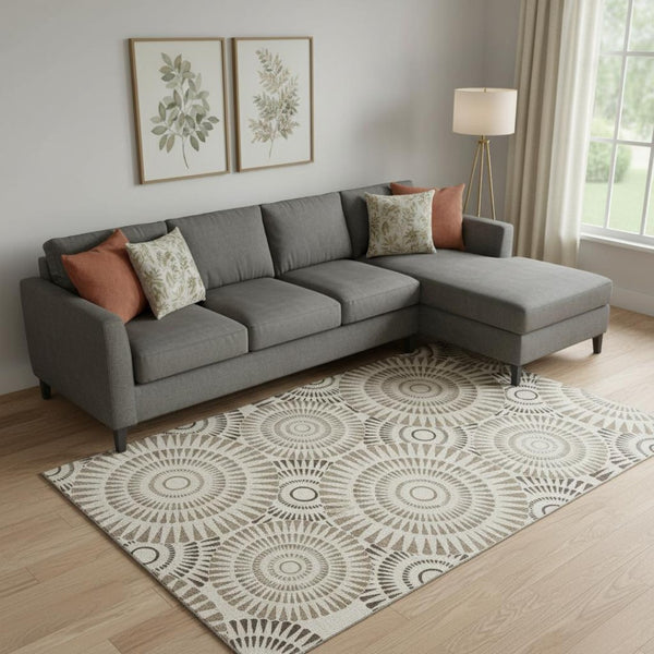 HomeRoots 9' X 12' Brown and Beige Geometric Area Rug - Washable, UV-Resistant, Perfect for Busy Homes! 669768