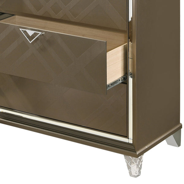 English Elm Skylar Mirrored Beveled 6-Drawer Dresser with Embossed Fronts, Acrylic Legs & Smooth Metal Glides Champagne 68 L x 20 W x 42 H B2726P261236