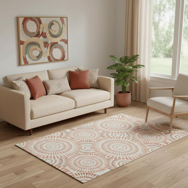 HomeRoots 5' X 8' Coral and Ivory Geometric Area Rug - Stylish, Washable, UV Protected for Homes with Kids & Pets 669771