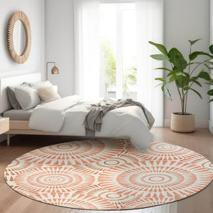 HomeRoots 8' Coral and Ivory Geometric Round Rug - Washable, UV-Protected, Durable Beauty for Any Space 669772