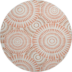 HomeRoots 8' Coral and Ivory Geometric Round Rug - Washable, UV-Protected, Durable Beauty for Any Space 669772