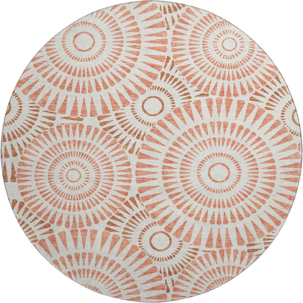 HomeRoots 8' Coral and Ivory Geometric Round Rug - Washable, UV-Protected, Durable Beauty for Any Space 669772
