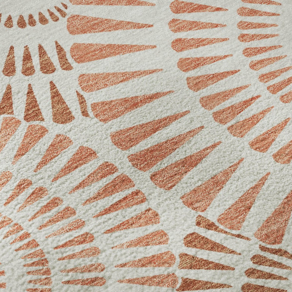 HomeRoots 8' Coral and Ivory Geometric Round Rug - Washable, UV-Protected, Durable Beauty for Any Space 669772