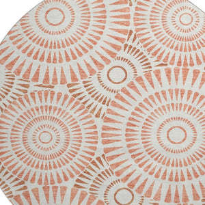 HomeRoots 8' Coral and Ivory Geometric Round Rug - Washable, UV-Protected, Durable Beauty for Any Space 669772