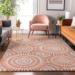 HomeRoots 8' X 10' Coral and Ivory Geometric Area Rug - Washable, Stain Resistant & UV Protected for Modern Homes 669773