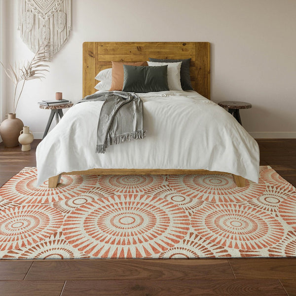 HomeRoots 8' X 10' Coral and Ivory Geometric Area Rug - Washable, Stain Resistant & UV Protected for Modern Homes 669773