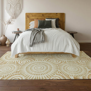 HomeRoots 5' X 8' Gold and Ivory Geometric Area Rug - Washable, Stain-Resistant, UV-Protected for Modern Spaces 669777