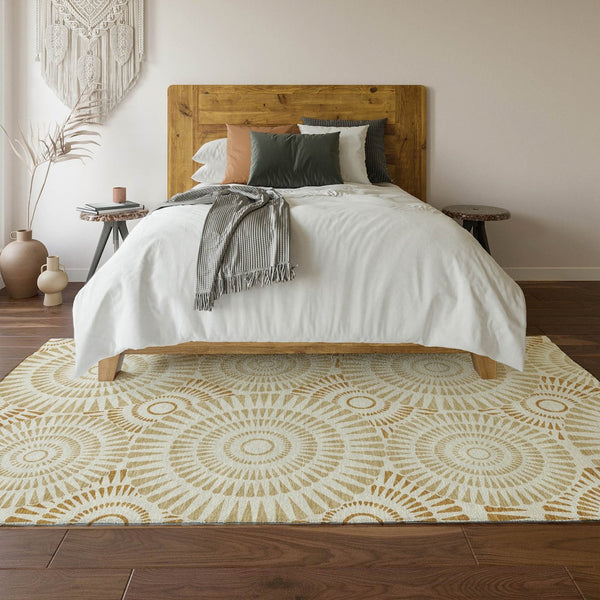 HomeRoots 5' X 8' Gold and Ivory Geometric Area Rug - Washable, Stain-Resistant, UV-Protected for Modern Spaces 669777