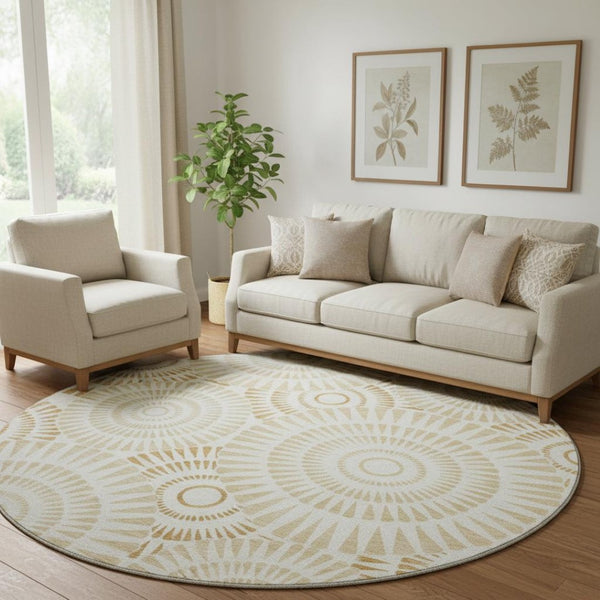 HomeRoots 8' Gold and Ivory Washable Round Rug with Geometric Design, UV Protection for Modern Living Spaces 669778