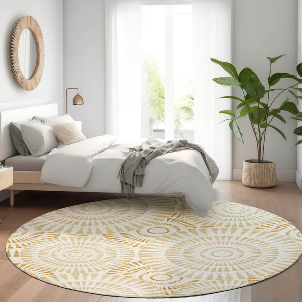 HomeRoots 8' Gold and Ivory Washable Round Rug with Geometric Design, UV Protection for Modern Living Spaces 669778