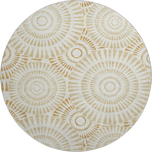 HomeRoots 8' Gold and Ivory Washable Round Rug with Geometric Design, UV Protection for Modern Living Spaces 669778